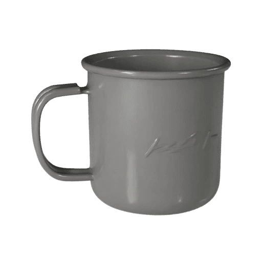 Turntable render of an enamel camping mug with an embossed wave crest