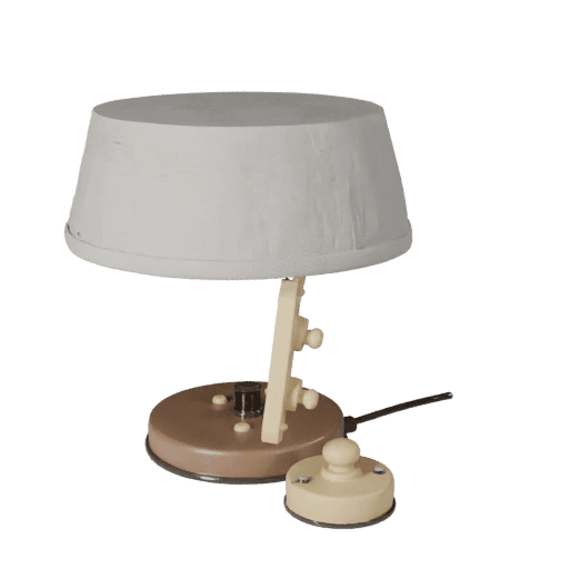 Turntable render of a walnut desk lamp with a brass toggle switch
