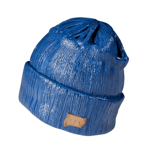 Turntable render of a knitted beanie with a folded cuff and a leather patch