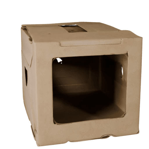 Turntable render of a folded kraft cardboard box with a die-cut window